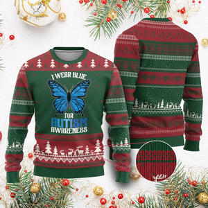 I Wear Blue For Autism Awareness Ugly Christmas Sweater Blue Butterfly Puzzle Pieces TS11 Red Green Print Your Wear