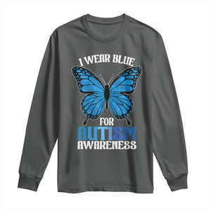 I Wear Blue For Autism Awareness Long Sleeve Shirt Blue Butterfly Puzzle Pieces TS11 Dark Heather Print Your Wear
