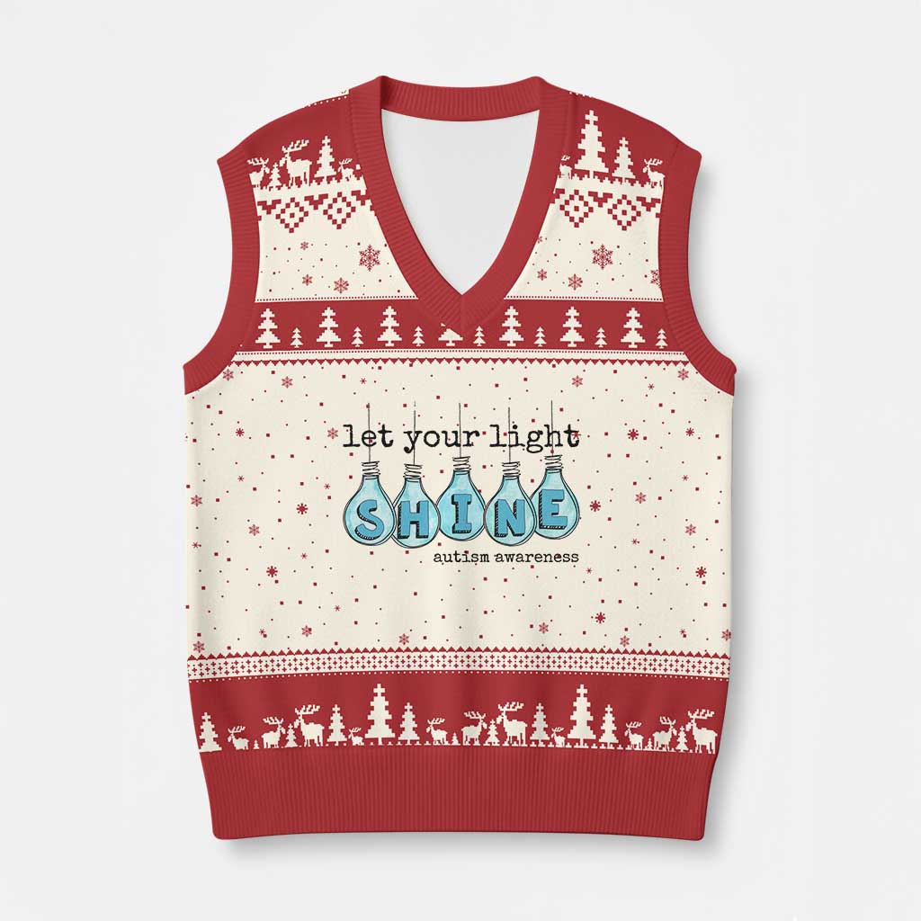 Let Your Light Shine Autism Awareness V-Neck Knit Sweater Vest Light Bulb Autism Acceptance TS11 Beige Red Print Your Wear