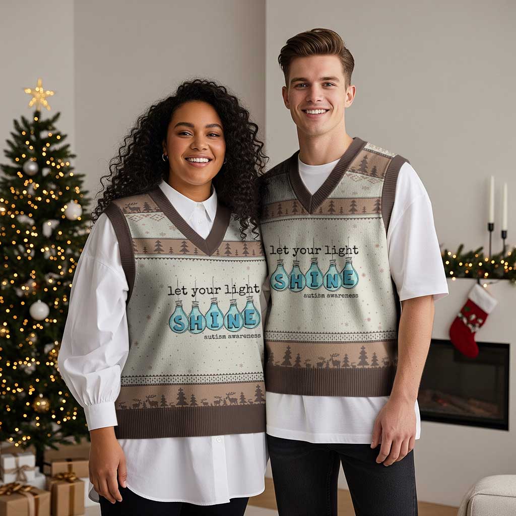 Let Your Light Shine Autism Awareness V-Neck Knit Sweater Vest Light Bulb Autism Acceptance TS11 Mocha Mousse Print Your Wear
