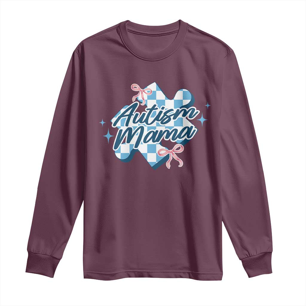 Autism Mama Coquette Puzzle Piece Pink Bow Long Sleeve Shirt TS11 Maroon Print Your Wear