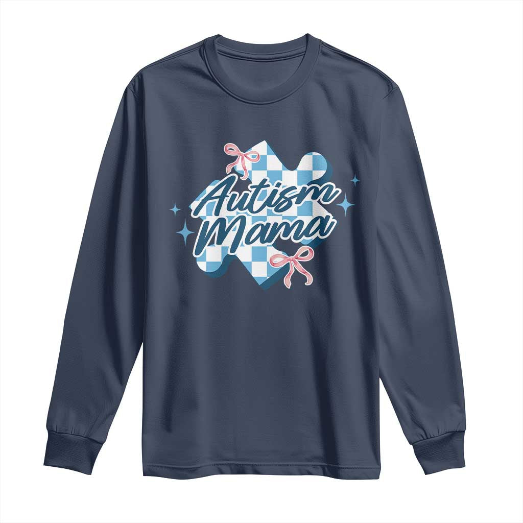 Autism Mama Coquette Puzzle Piece Pink Bow Long Sleeve Shirt TS11 Navy Print Your Wear
