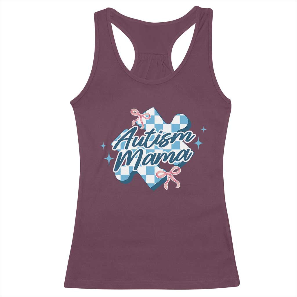 Autism Mama Coquette Puzzle Piece Pink Bow Racerback Tank Top TS11 Maroon Print Your Wear