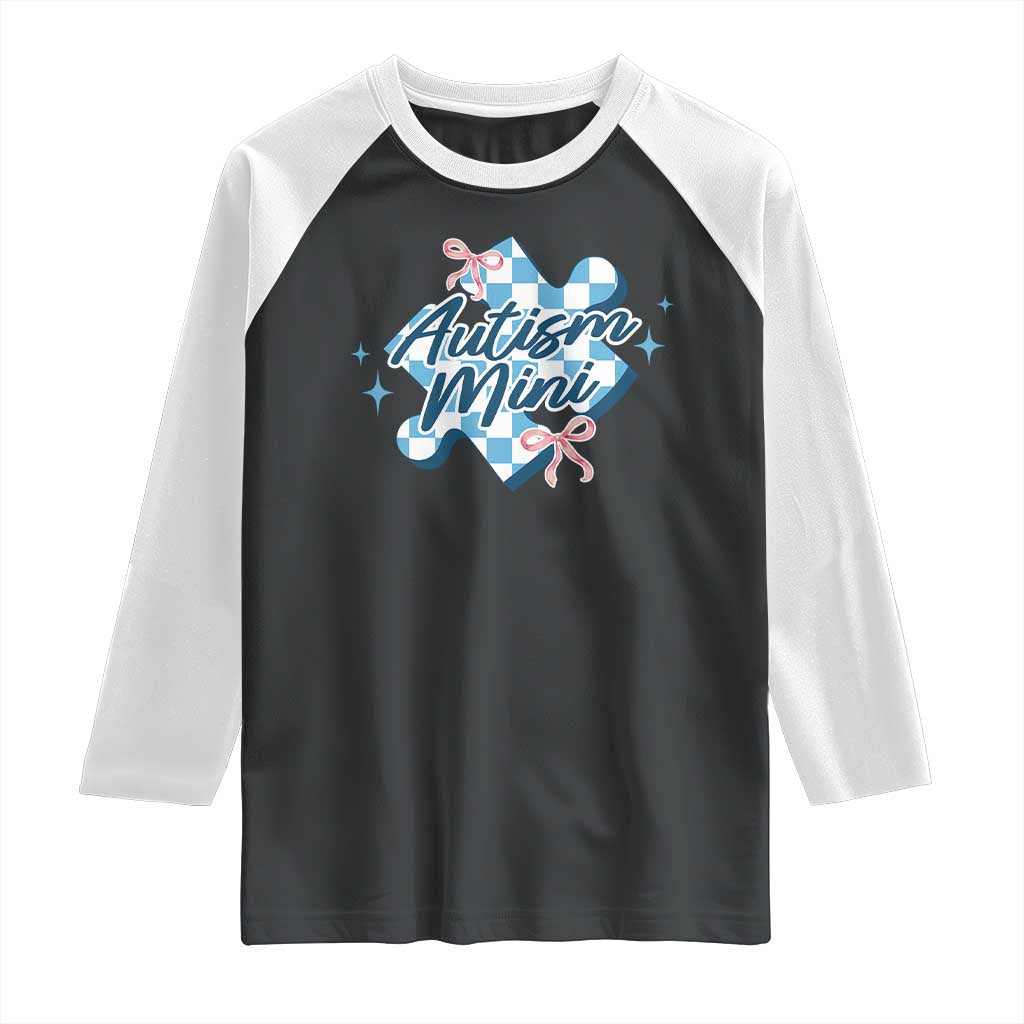 Autism Mini Coquette Puzzle Piece Pink Bow Raglan Shirt TS11 Black White Print Your Wear