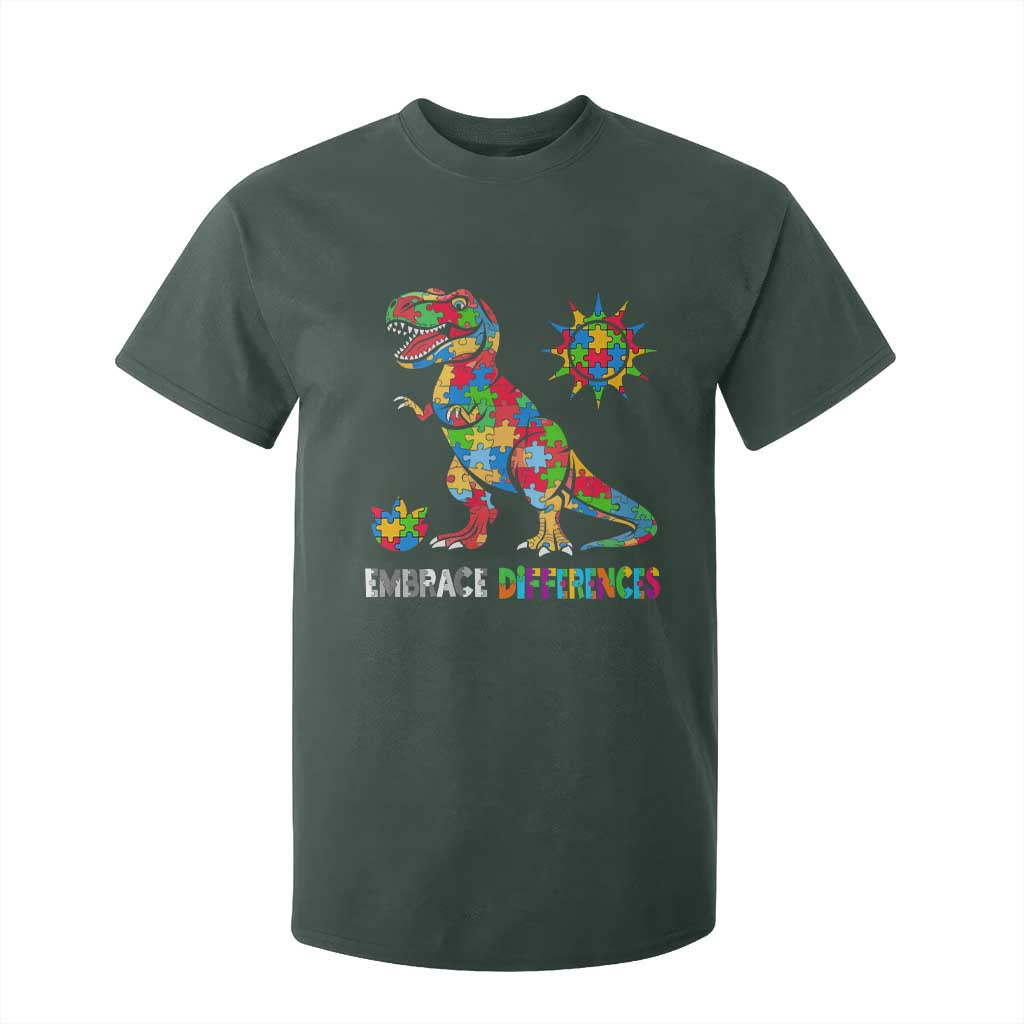 Funny Autism Awareness Embrace Differences T Shirt For Kid Puzzle Dinosaur TS11 Dark Forest Green Print Your Wear