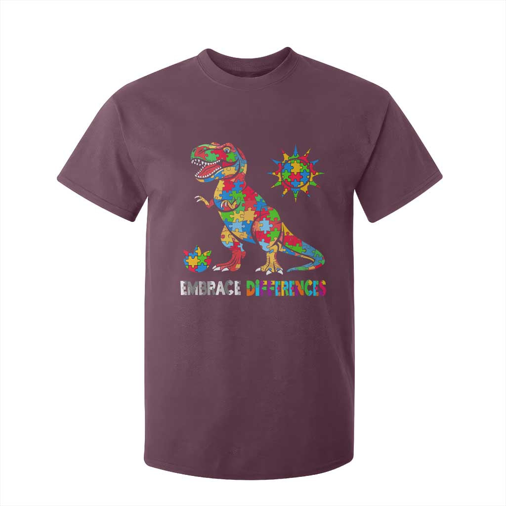 Funny Autism Awareness Embrace Differences T Shirt For Kid Puzzle Dinosaur TS11 Maroon Print Your Wear