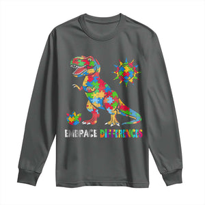 Funny Autism Awareness Embrace Differences Long Sleeve Shirt Puzzle Dinosaur TS11 Dark Heather Print Your Wear