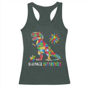 Funny Autism Awareness Embrace Differences Racerback Tank Top Puzzle Dinosaur TS11 Dark Forest Green Print Your Wear