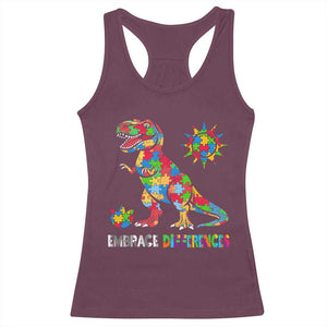 Funny Autism Awareness Embrace Differences Racerback Tank Top Puzzle Dinosaur TS11 Maroon Print Your Wear