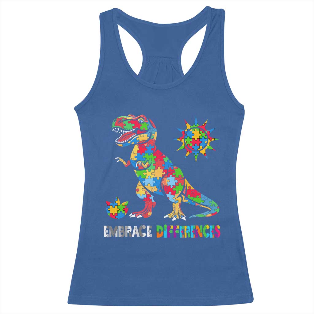 Funny Autism Awareness Embrace Differences Racerback Tank Top Puzzle Dinosaur TS11 Royal Blue Print Your Wear