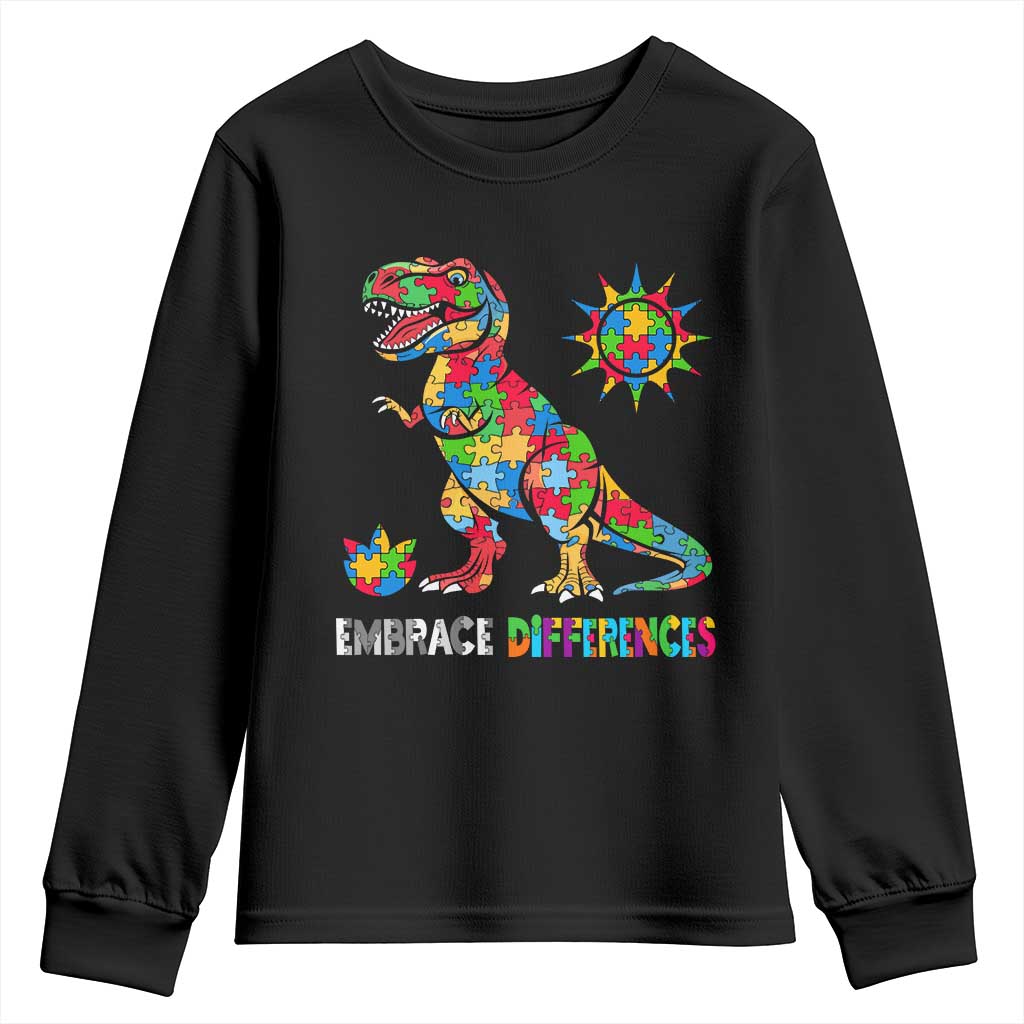 Funny Autism Awareness Embrace Differences Youth Sweatshirt Puzzle Dinosaur TS11 Black Print Your Wear