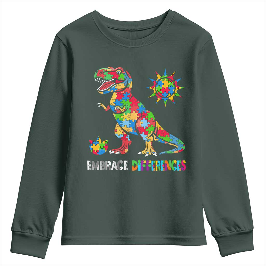 Funny Autism Awareness Embrace Differences Youth Sweatshirt Puzzle Dinosaur TS11 Dark Forest Green Print Your Wear