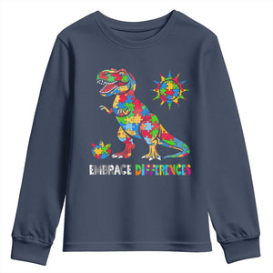 Funny Autism Awareness Embrace Differences Youth Sweatshirt Puzzle Dinosaur TS11 Navy Print Your Wear