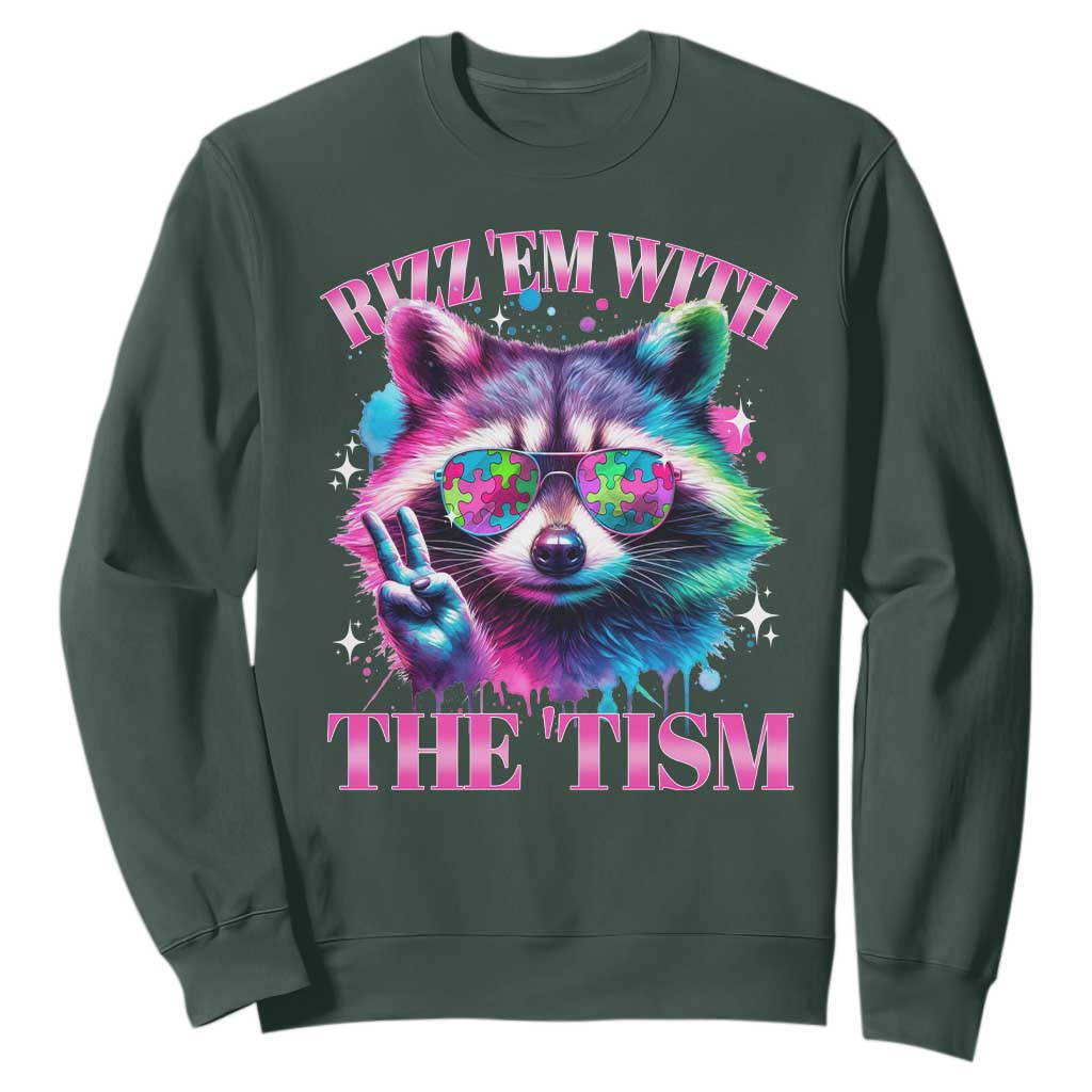 Funny Autism Awareness Racoon Sweatshirt Rizz Em With The Tism Meme Autistic TS11 Dark Forest Green Print Your Wear