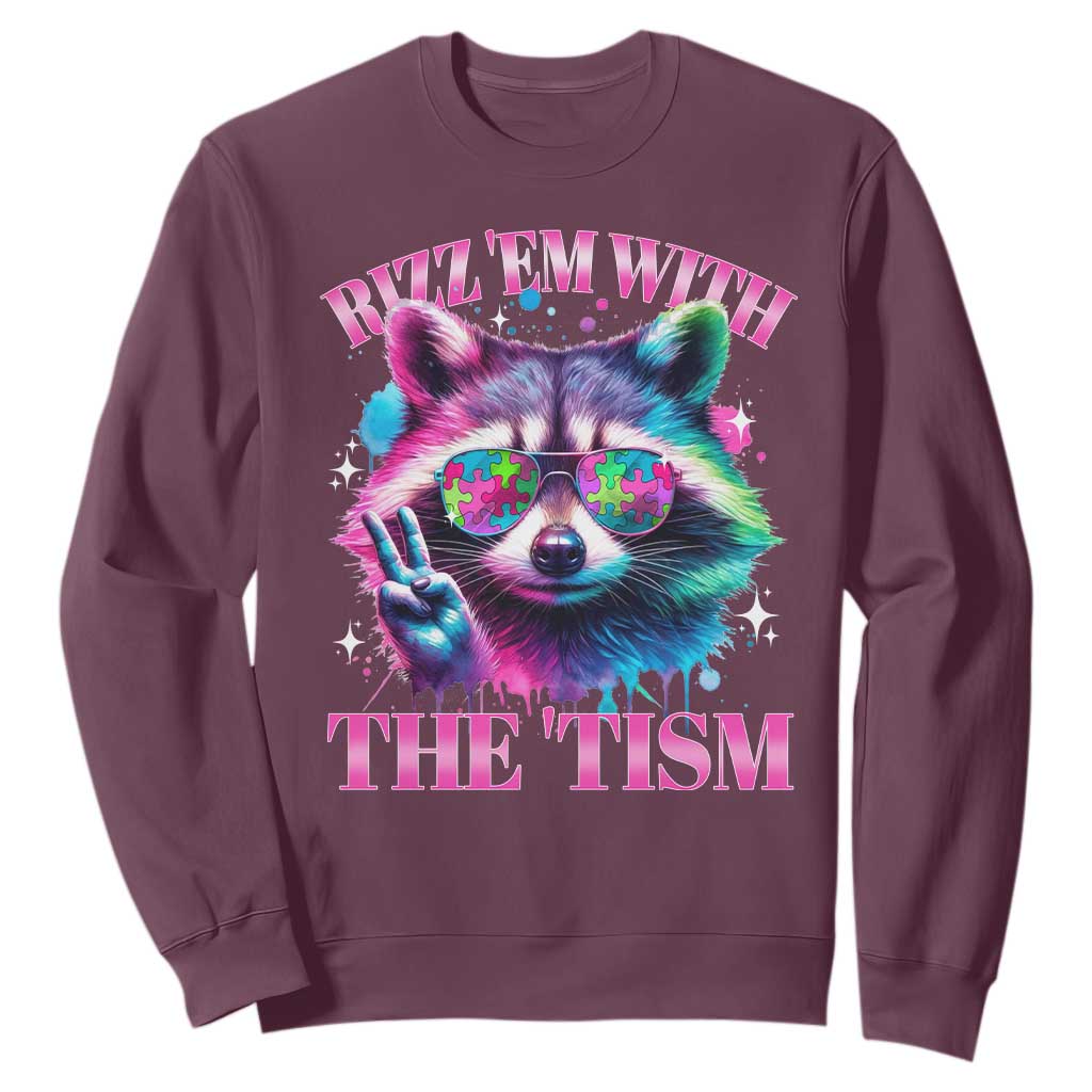 Funny Autism Awareness Racoon Sweatshirt Rizz Em With The Tism Meme Autistic TS11 Maroon Print Your Wear