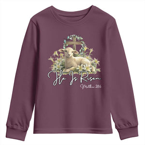 He Is Risen Youth Sweatshirt Christian Religious Easter Day Bible Verse Sheep TS11 Maroon Print Your Wear