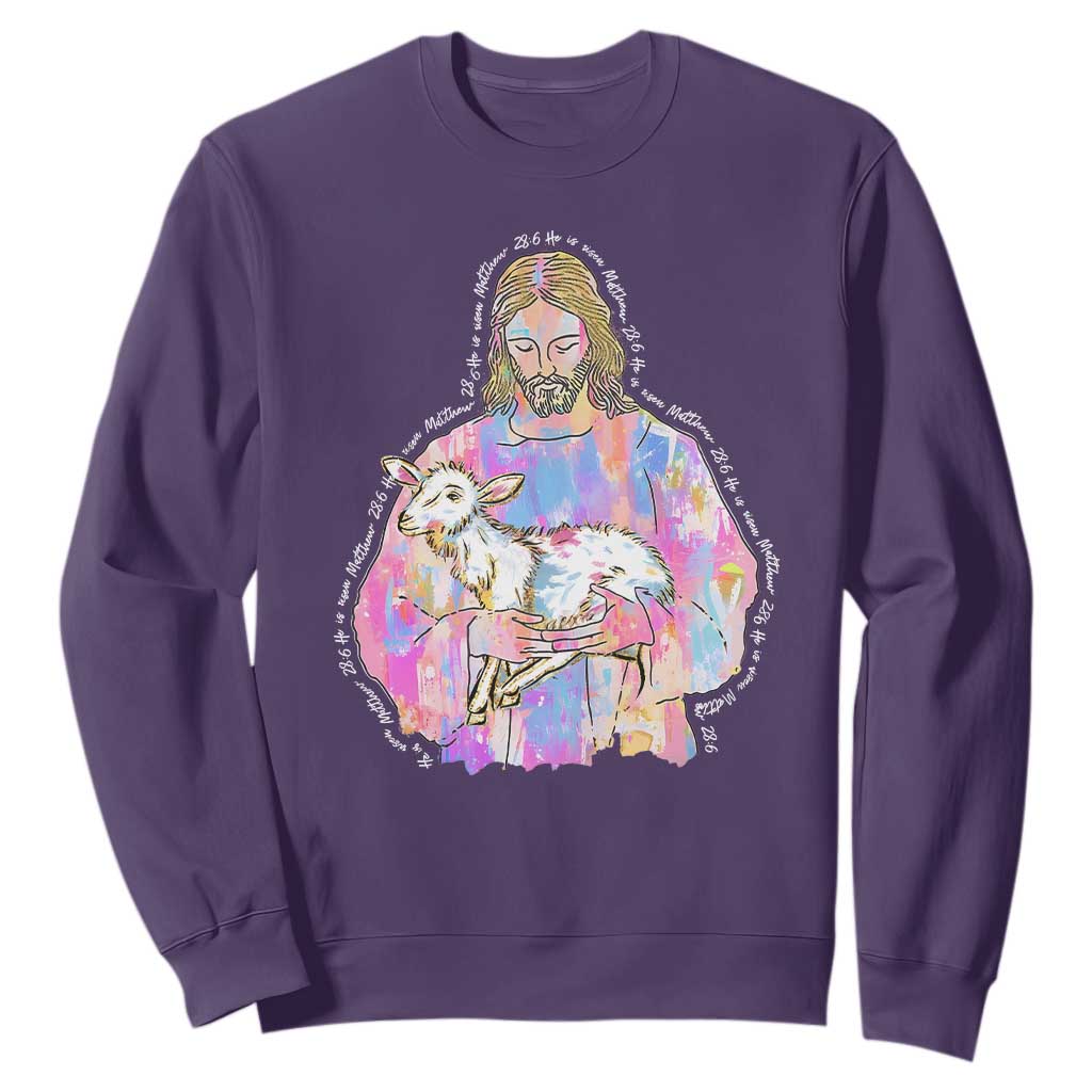 He Is Risen Sweatshirt Christian Religious Easter Day Bible Verse Sheep Glitter Print TS11 Purple Print Your Wear