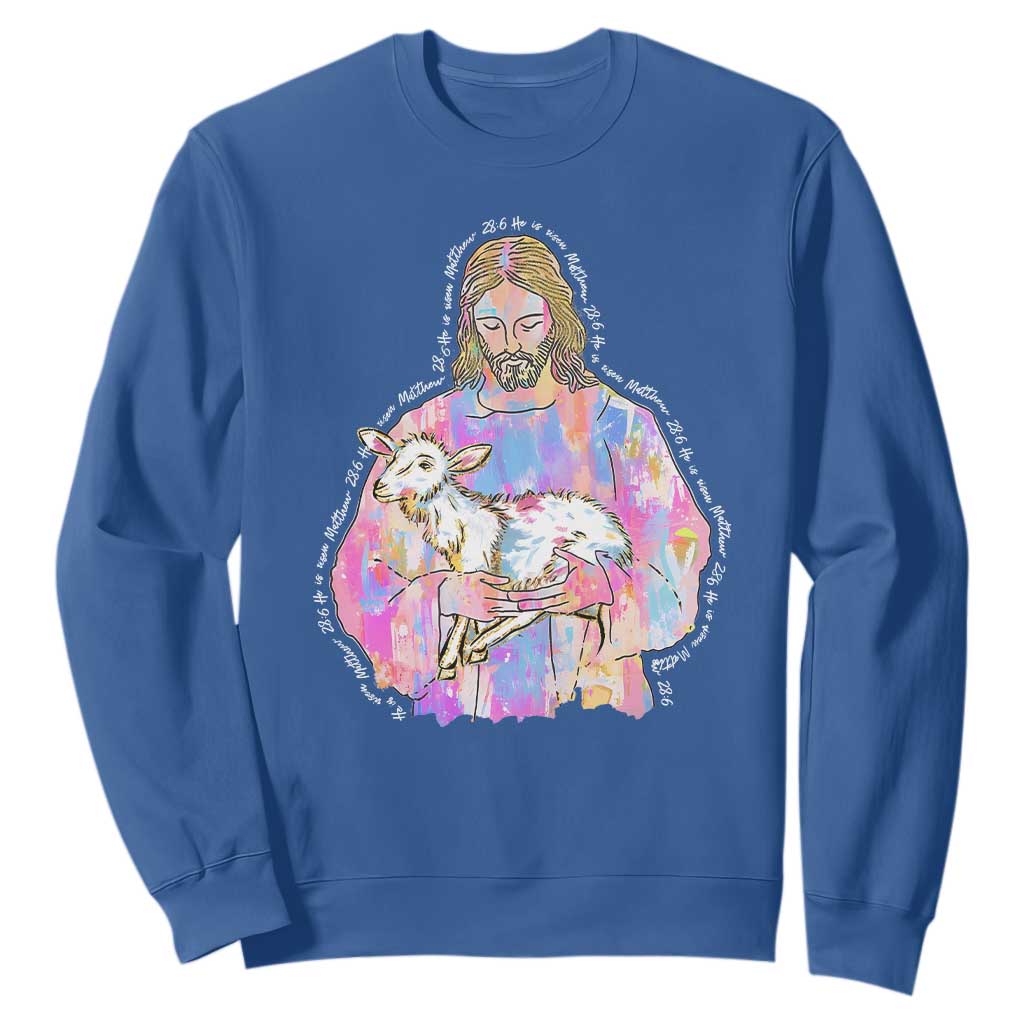 He Is Risen Sweatshirt Christian Religious Easter Day Bible Verse Sheep Glitter Print TS11 Royal Blue Print Your Wear
