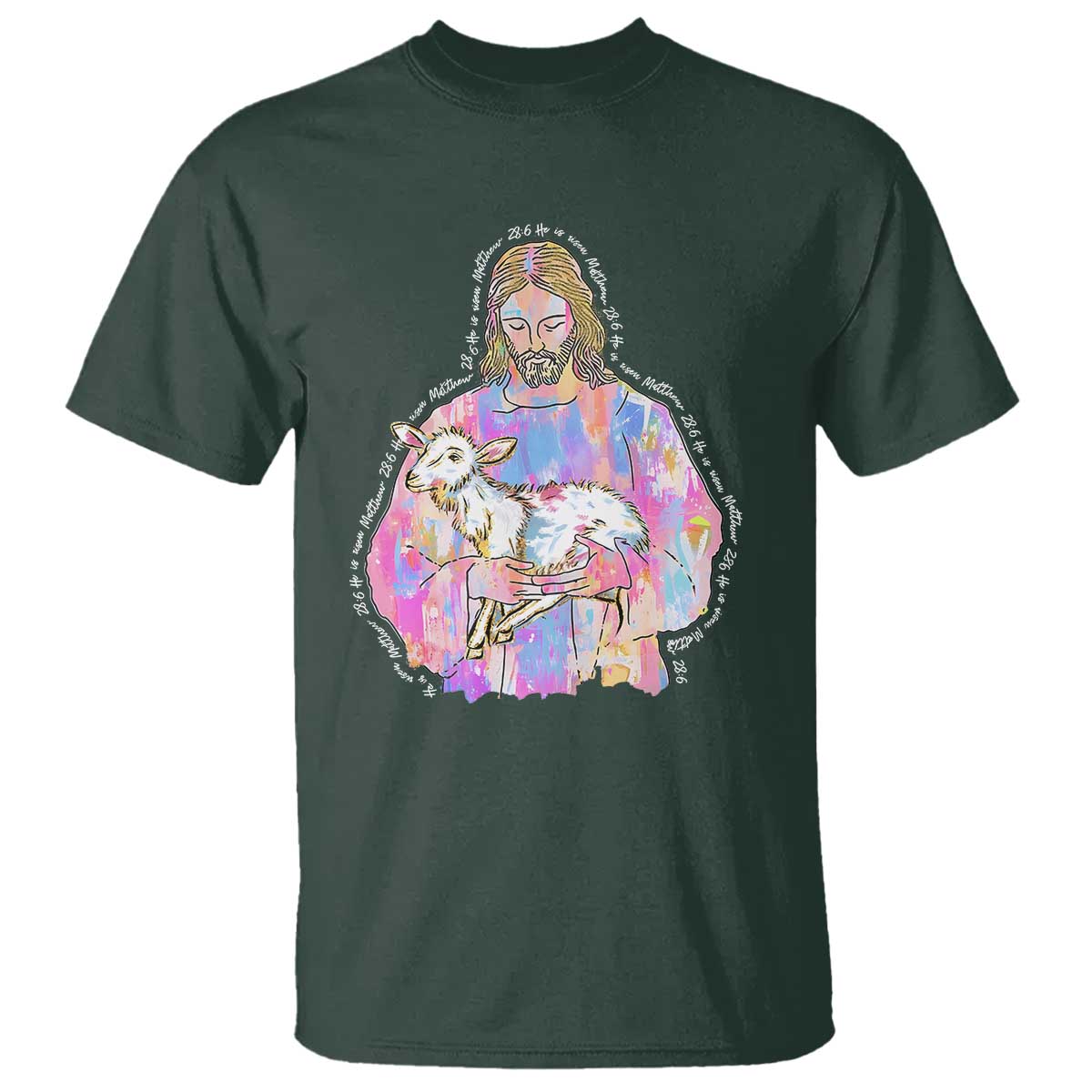 He Is Risen T Shirt Christian Religious Easter Day Bible Verse Sheep Glitter Print TS11 Dark Forest Green Print Your Wear
