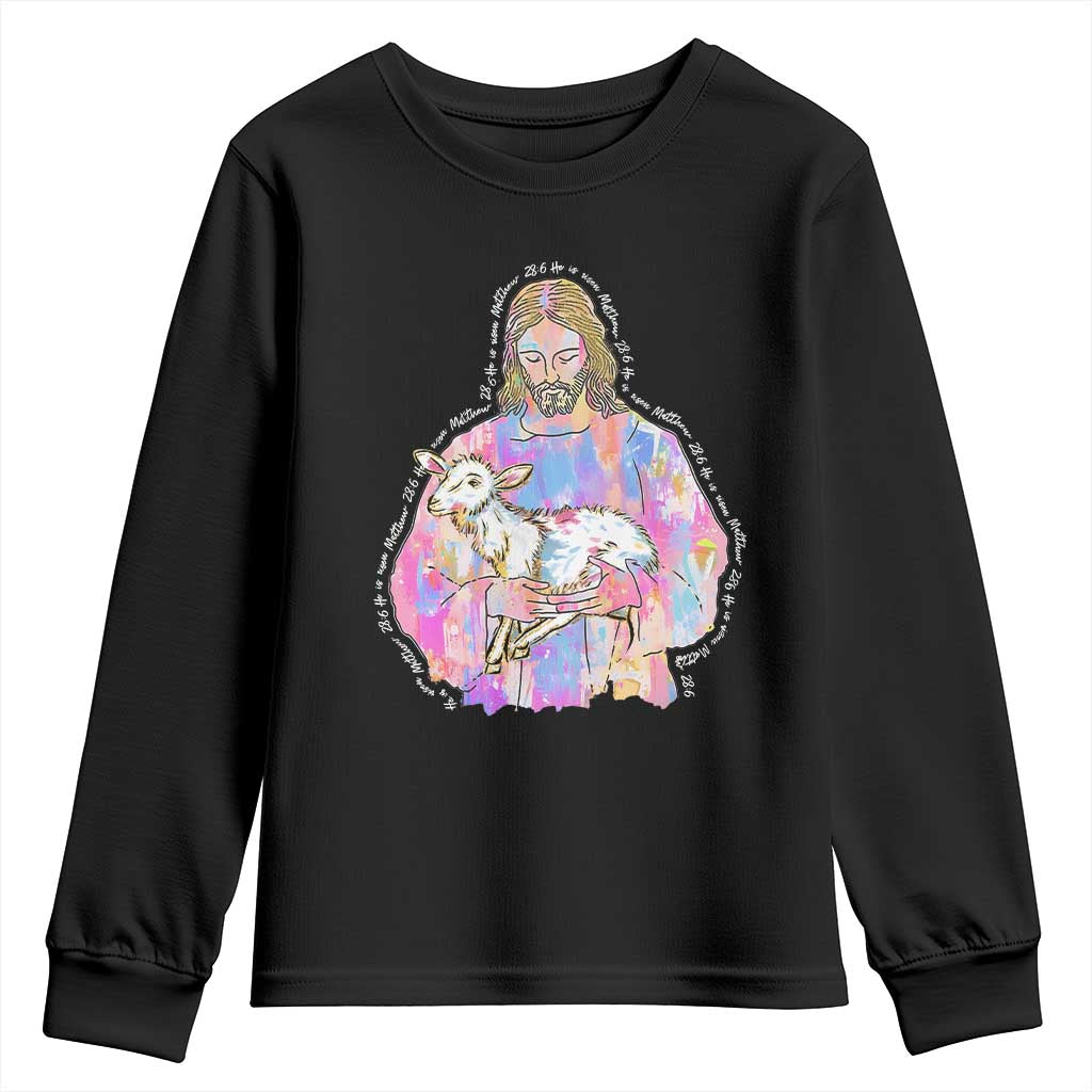He Is Risen Youth Sweatshirt Christian Religious Easter Day Bible Verse Sheep Glitter Print TS11 Black Print Your Wear