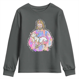 He Is Risen Youth Sweatshirt Christian Religious Easter Day Bible Verse Sheep Glitter Print TS11 Dark Heather Print Your Wear