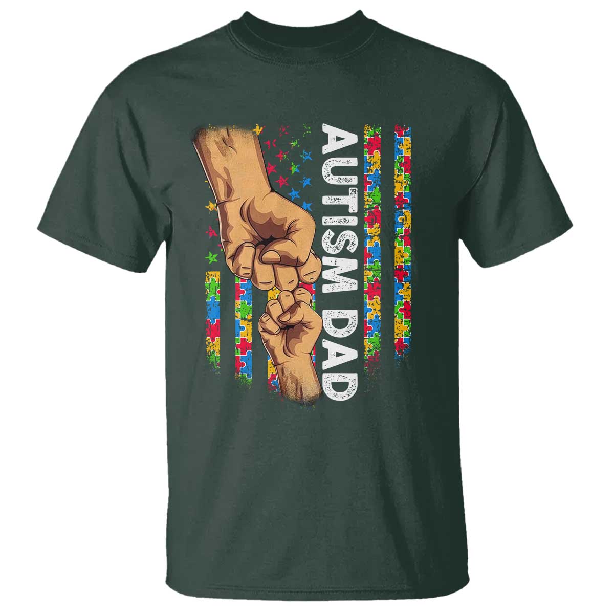 Autism Dad Awareness American Flag Fist Bump T Shirt TS11 Dark Forest Green Print Your Wear