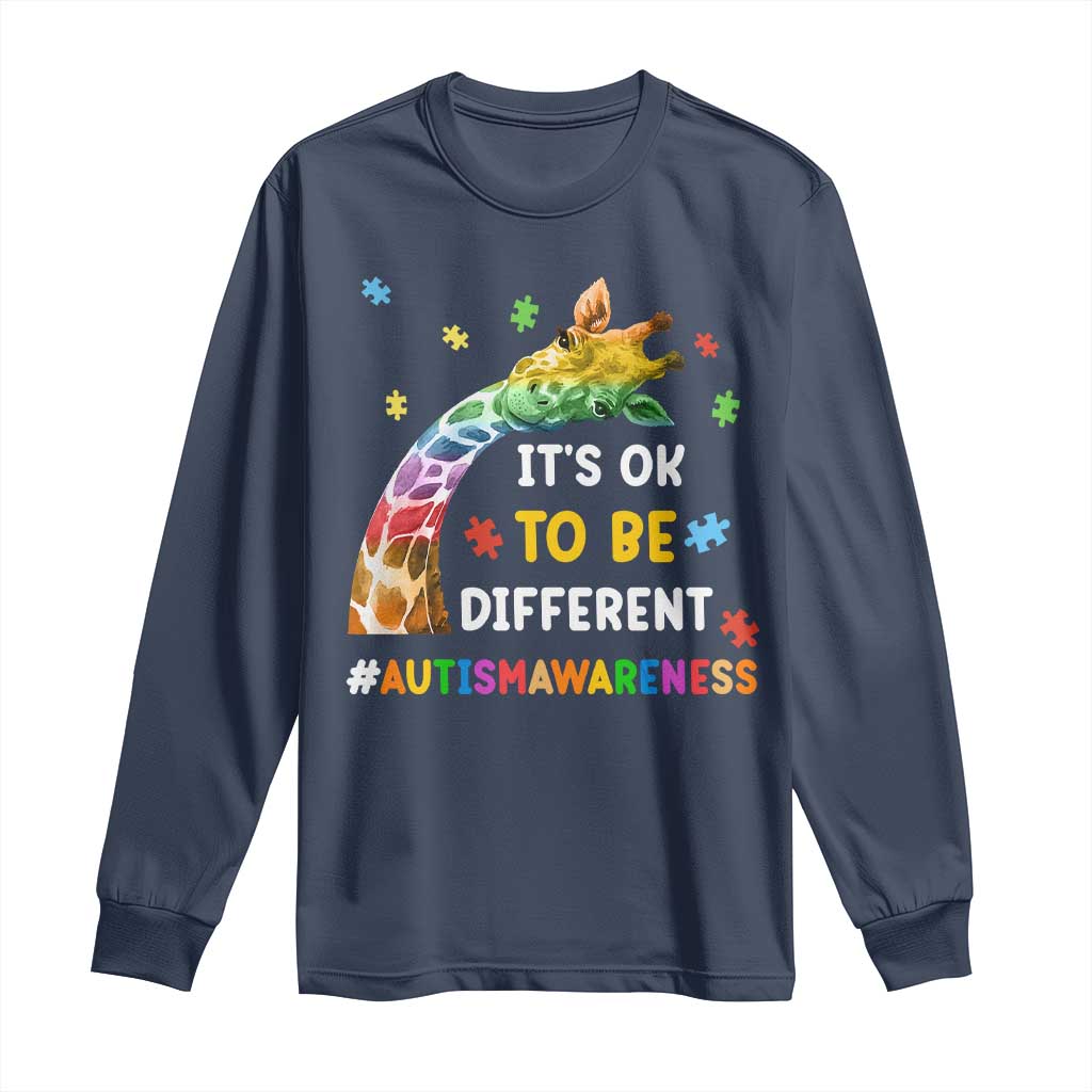 It's Ok To Be Different Autism Awareness Long Sleeve Shirt Rainbow Giraffe Puzzle TS11 Navy Print Your Wear