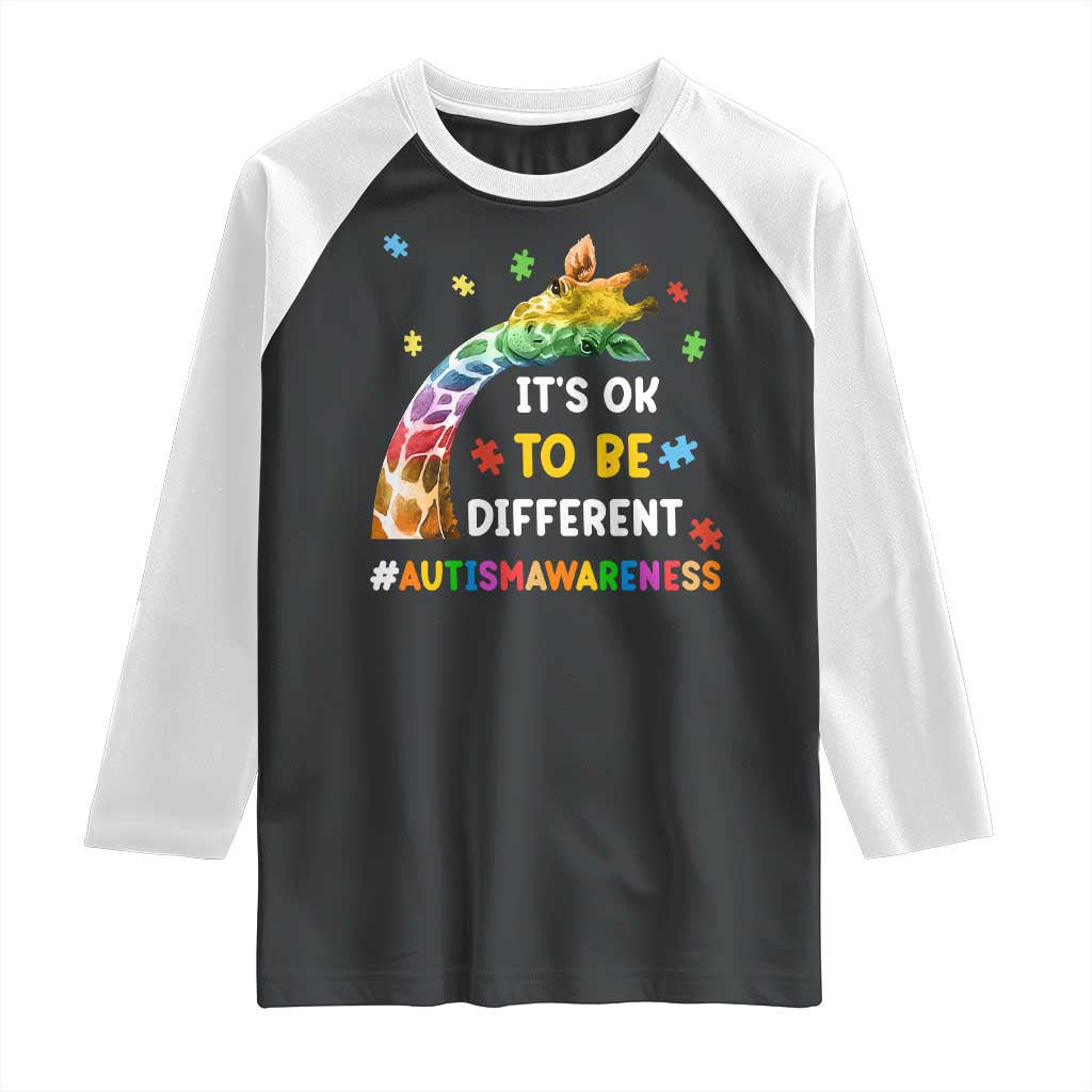 It's Ok To Be Different Autism Awareness Raglan Shirt Rainbow Giraffe Puzzle TS11 Black White Print Your Wear