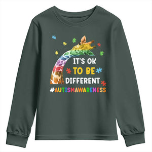 It's Ok To Be Different Autism Awareness Youth Sweatshirt Rainbow Giraffe Puzzle TS11 Dark Forest Green Print Your Wear