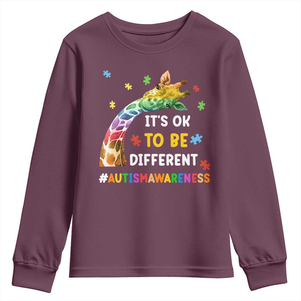 It's Ok To Be Different Autism Awareness Youth Sweatshirt Rainbow Giraffe Puzzle TS11 Maroon Print Your Wear