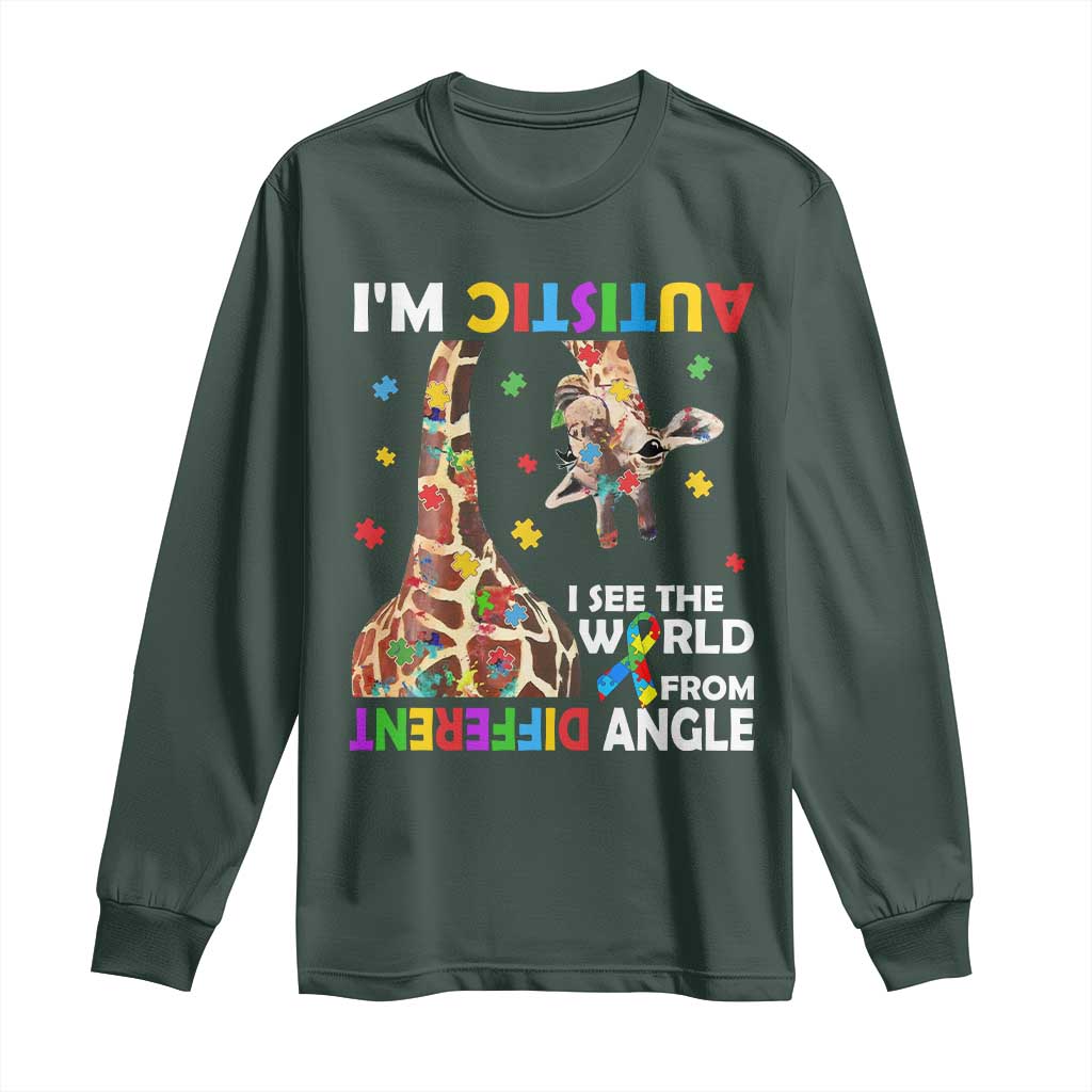 Funny I'm Autistic I See The World Form Different Angle Long Sleeve Shirt Puzzle Giraffe TS11 Dark Forest Green Print Your Wear