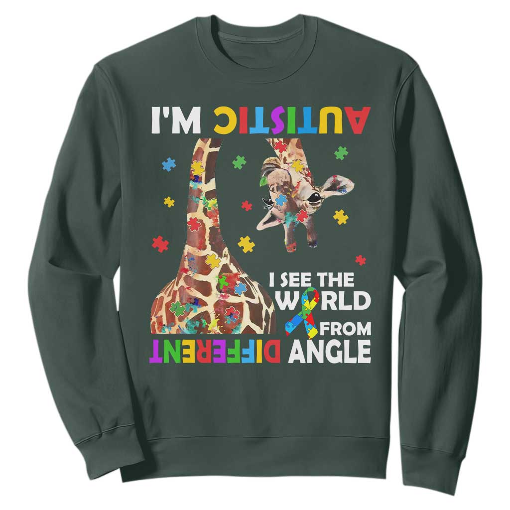 Funny I'm Autistic I See The World Form Different Angle Sweatshirt Puzzle Giraffe TS11 Dark Forest Green Print Your Wear