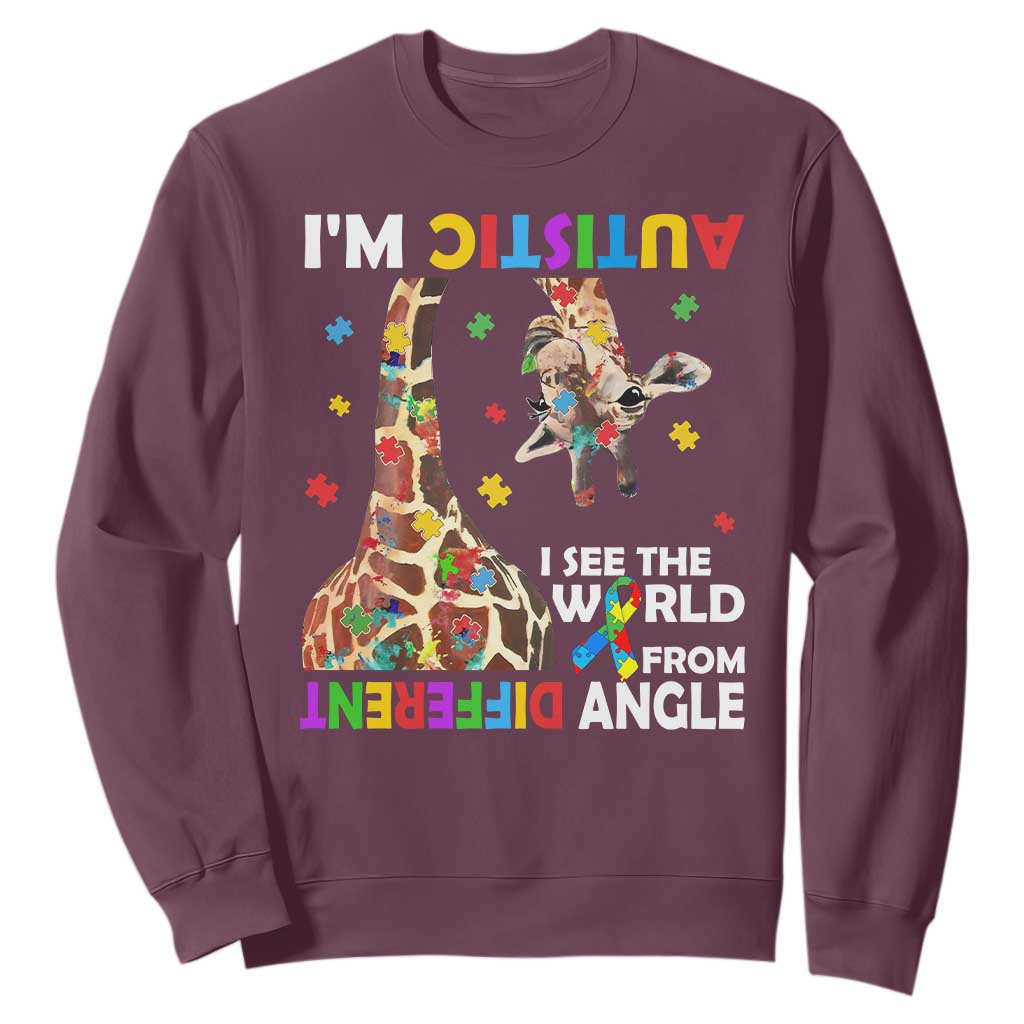 Funny I'm Autistic I See The World Form Different Angle Sweatshirt Puzzle Giraffe TS11 Maroon Print Your Wear