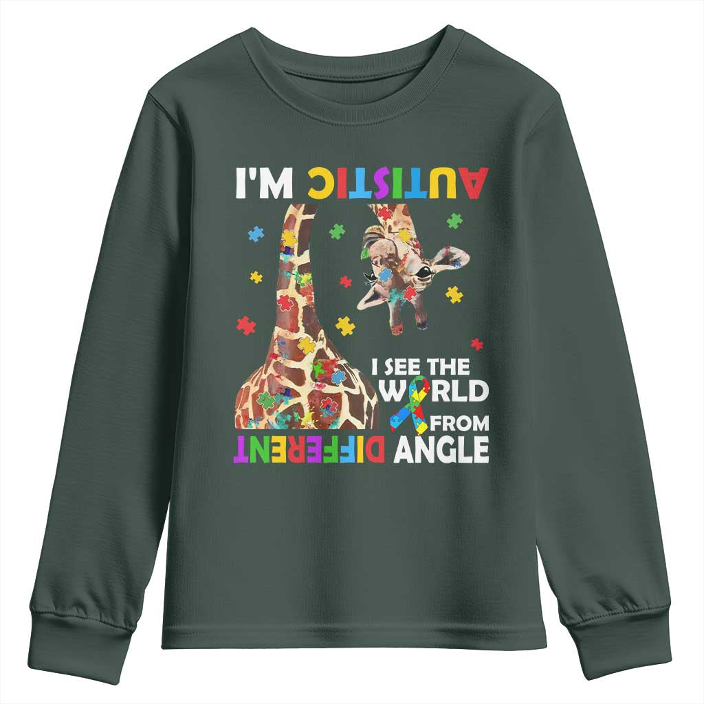 Funny I'm Autistic I See The World Form Different Angle Youth Sweatshirt Puzzle Giraffe TS11 Dark Forest Green Print Your Wear