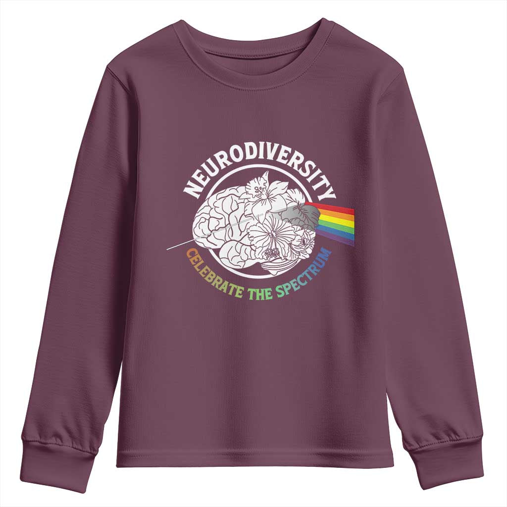 Neurodiversity Celebrate The Spectrum Youth Sweatshirt Brain Autism Awareness ASD ADHD TS11 Maroon Print Your Wear