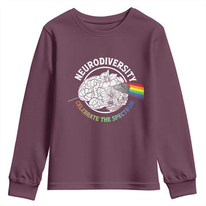 Neurodiversity Celebrate The Spectrum Youth Sweatshirt Brain Autism Awareness ASD ADHD TS11 Maroon Print Your Wear