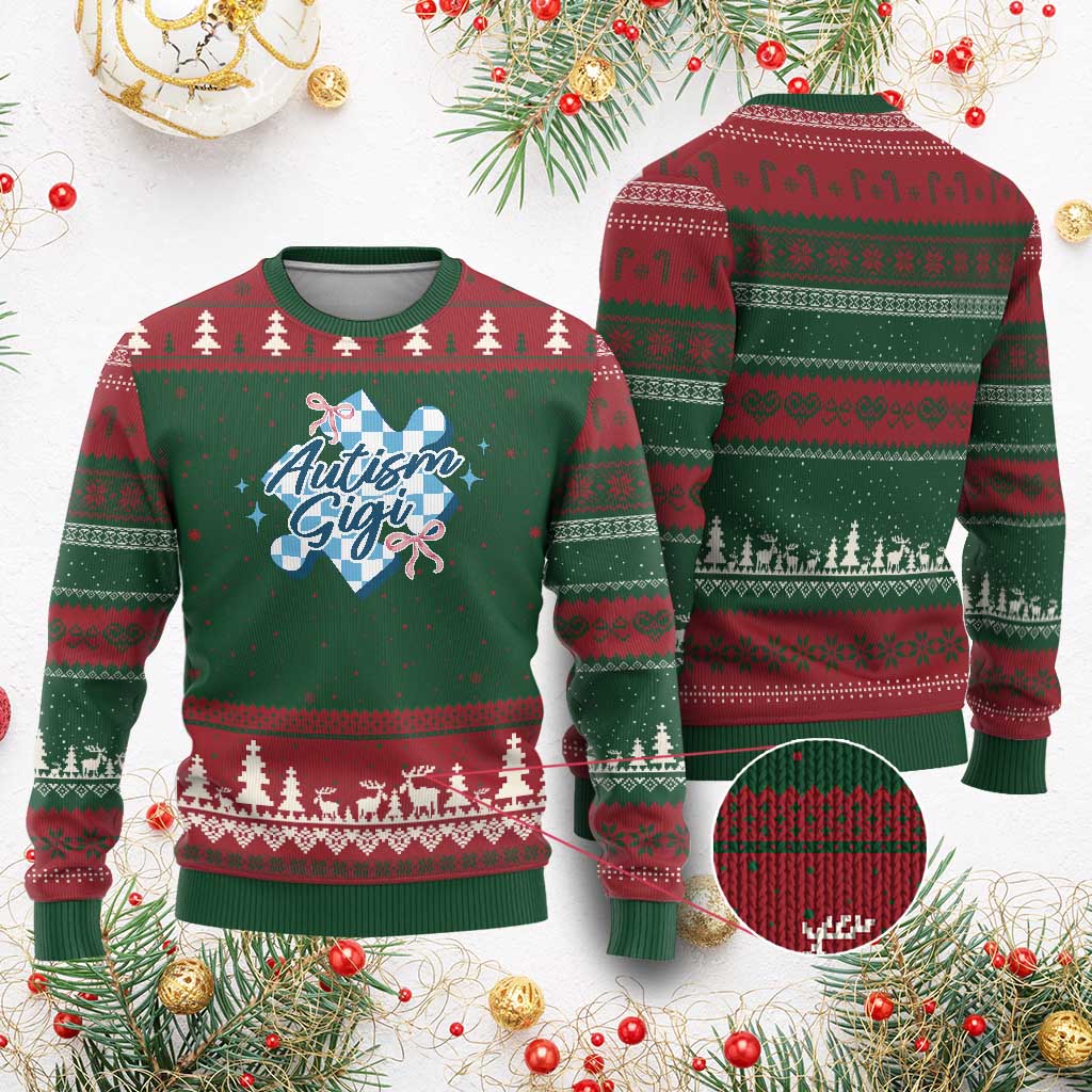 Autism Gigi Coquette Puzzle Piece Pink Bow Ugly Christmas Sweater TS11 Red Green Print Your Wear