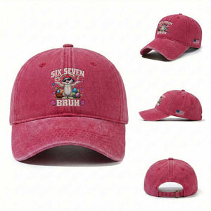 Funny Easter Day Six Seven Bruh Washed Cotton Baseball Cap 67 Bunny Easter Eggs TS11 Washed Cap Universal Fit Red Print Your Wear