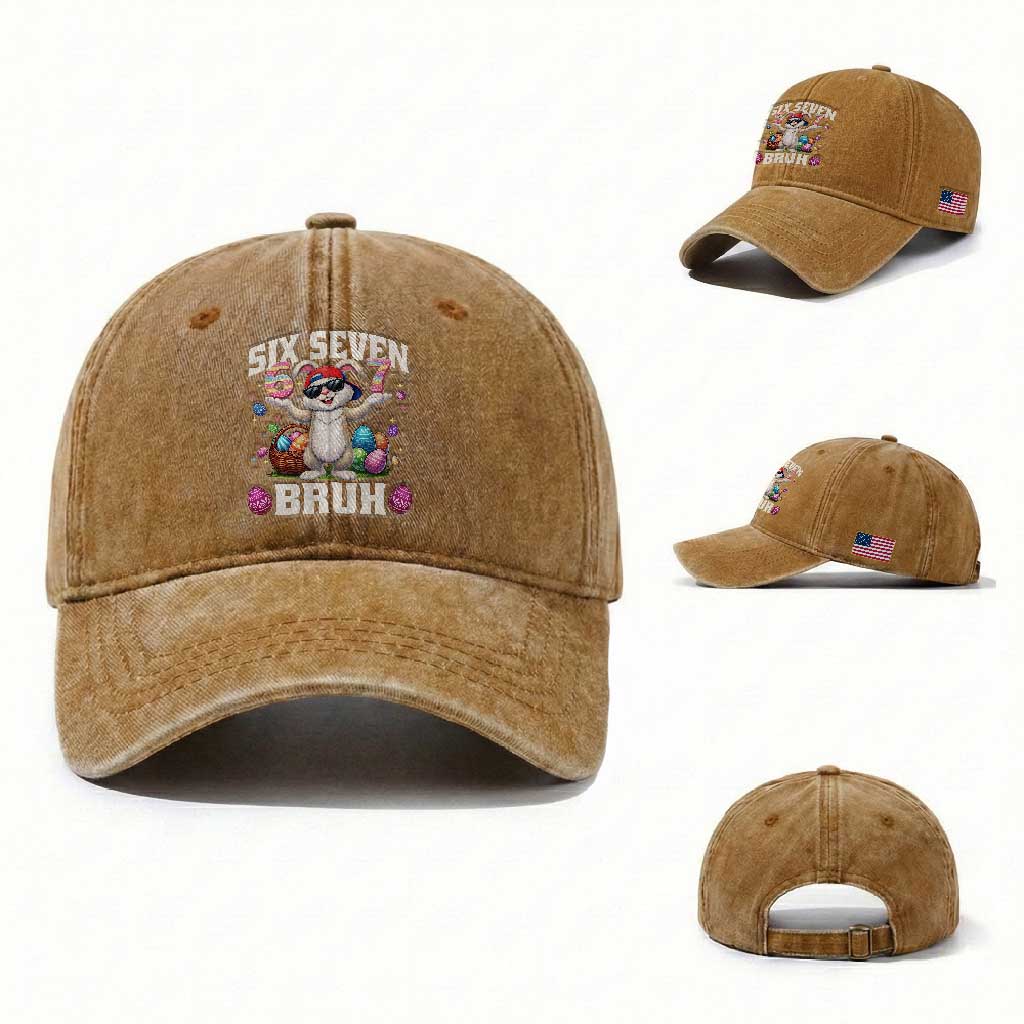 Funny Easter Day Six Seven Bruh Washed Cotton Baseball Cap 67 Bunny Easter Eggs TS11 Washed Cap Universal Fit Yellow Ochre Print Your Wear