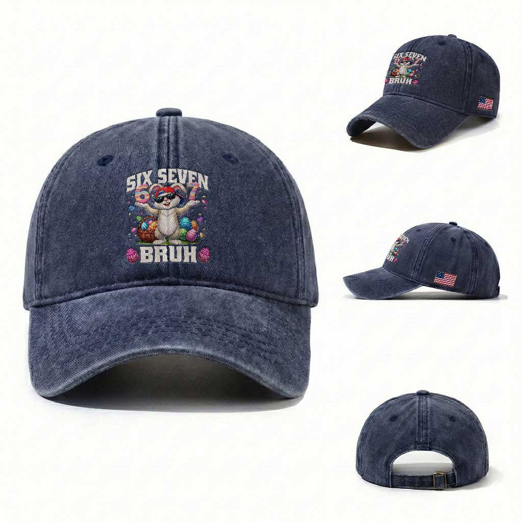 Funny Easter Day Six Seven Bruh Washed Cotton Baseball Cap 67 Bunny Easter Eggs TS11 Washed Cap Universal Fit Navy Print Your Wear