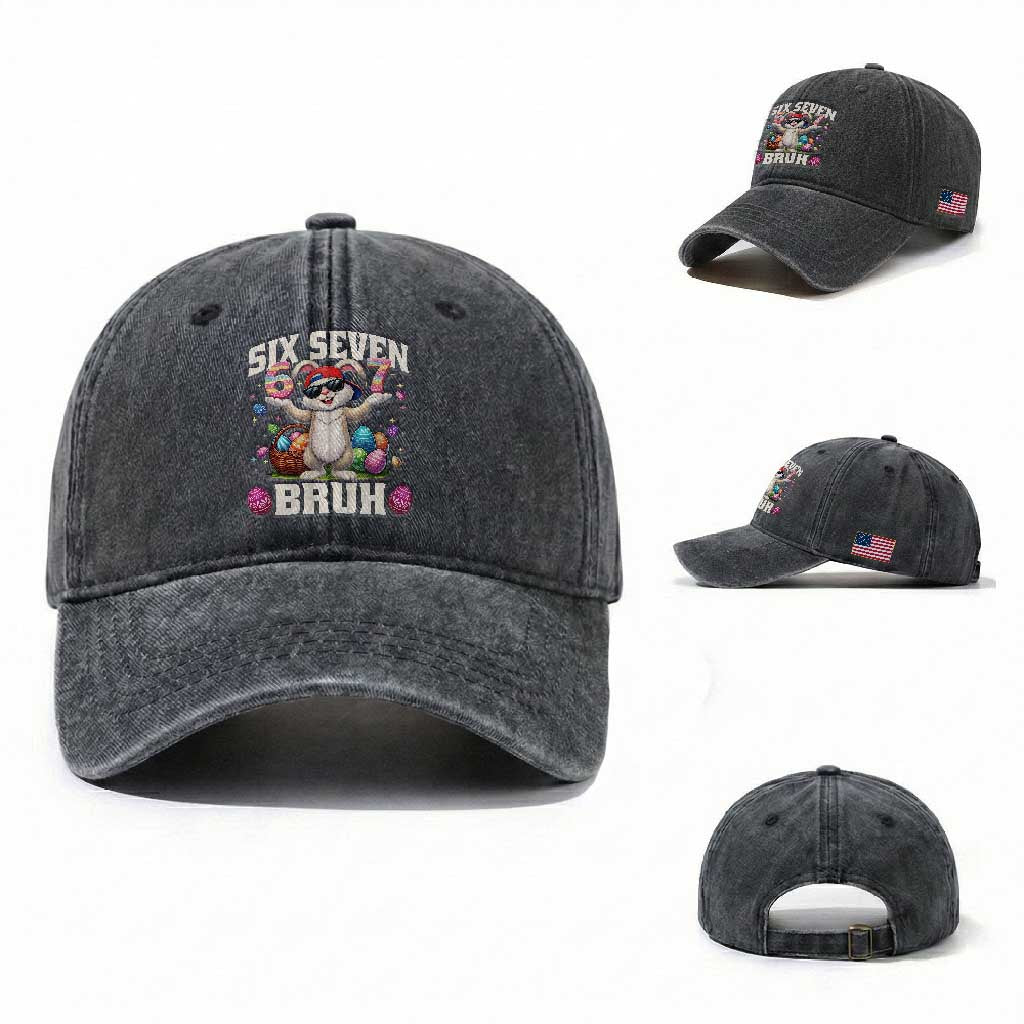 Funny Easter Day Six Seven Bruh Washed Cotton Baseball Cap 67 Bunny Easter Eggs TS11 Washed Cap Universal Fit Dark Gray Print Your Wear