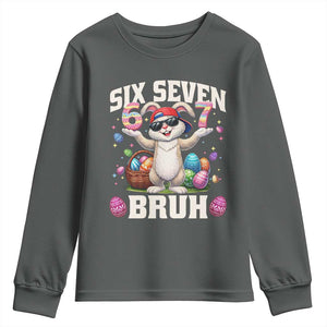 Funny Easter Day Six Seven Bruh Youth Sweatshirt 67 Bunny Easter Eggs TS11 Dark Heather Print Your Wear