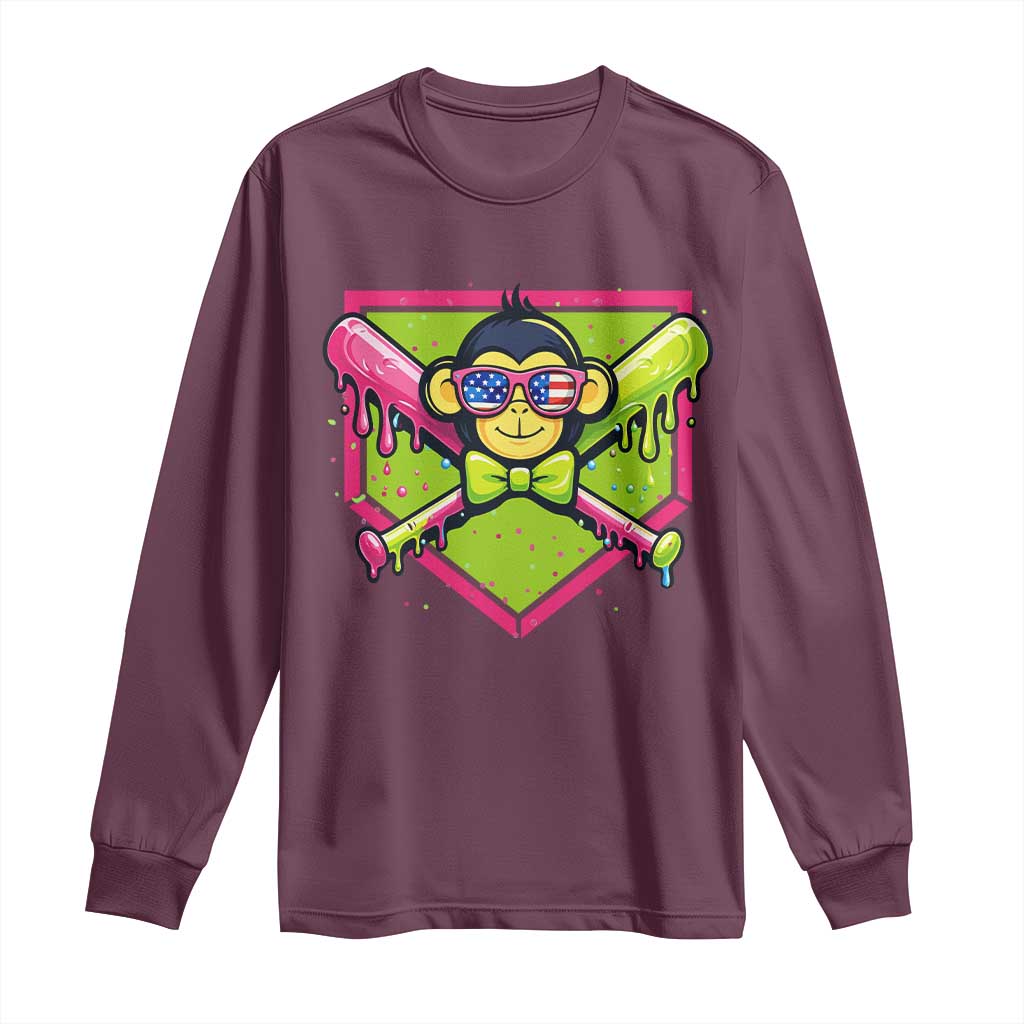Party Monkey Baseball Drip Funny Animals Lover Long Sleeve Shirt TS11 Maroon Print Your Wear