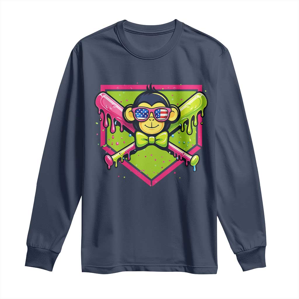 Party Monkey Baseball Drip Funny Animals Lover Long Sleeve Shirt TS11 Navy Print Your Wear