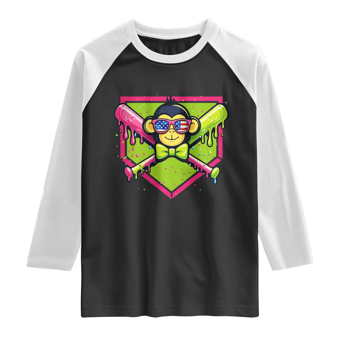 Party Monkey Baseball Drip Funny Animals Lover Raglan Shirt TS11 Black White Print Your Wear