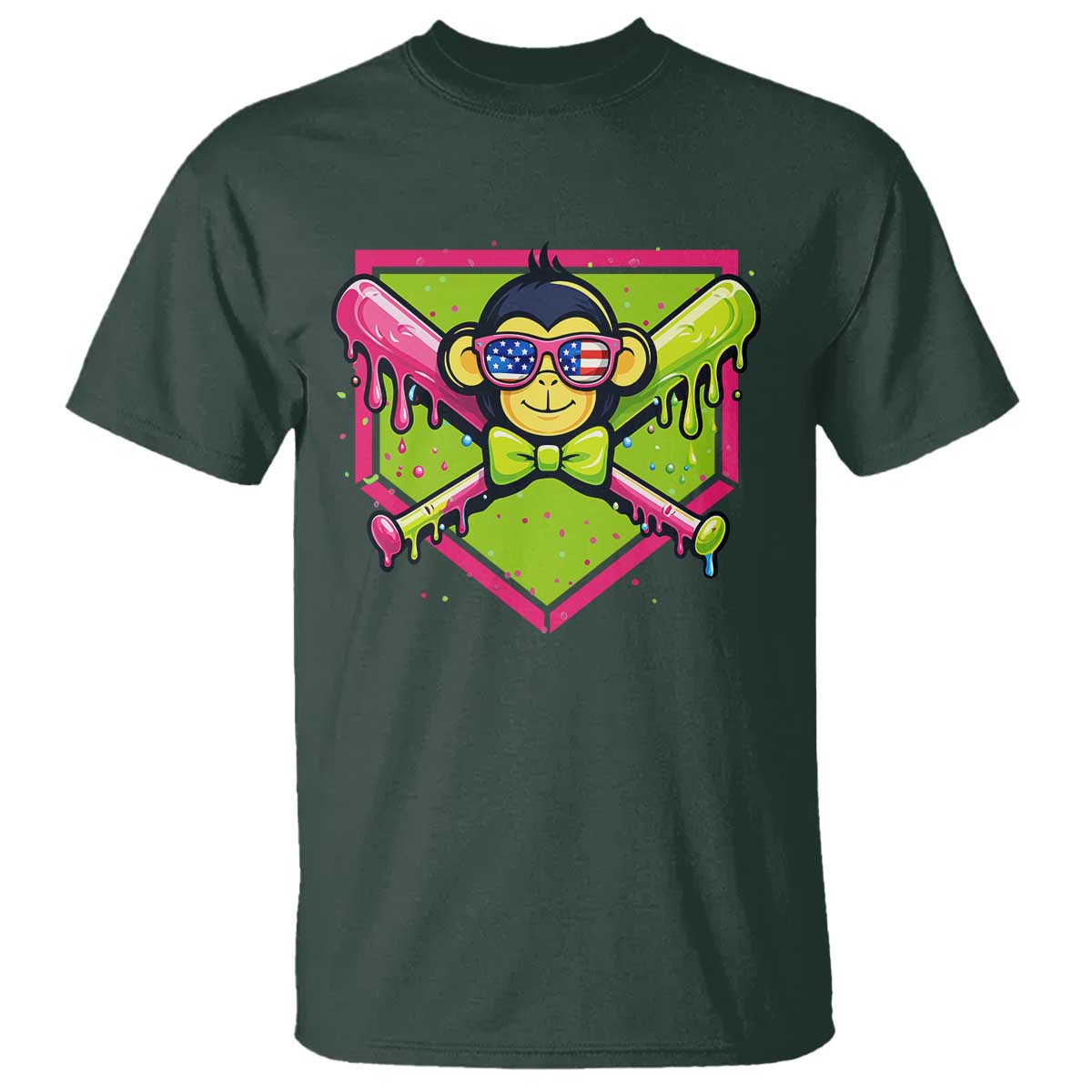 Party Monkey Baseball Drip Funny Animals Lover T Shirt TS11 Dark Forest Green Print Your Wear