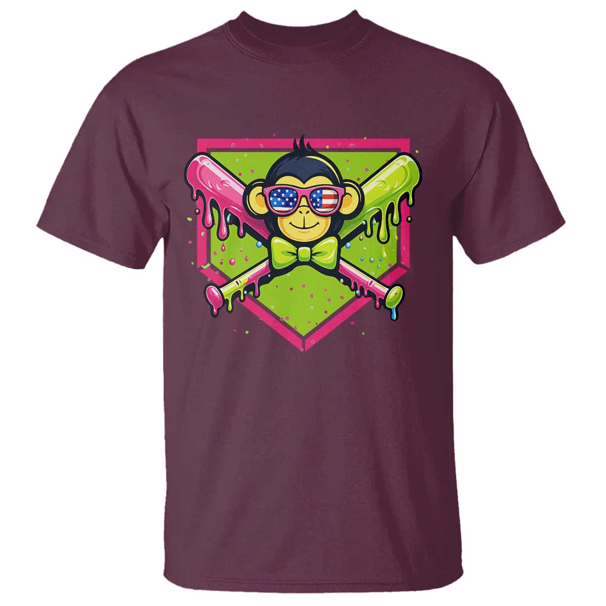 Party Monkey Baseball Drip Funny Animals Lover T Shirt TS11 Maroon Print Your Wear