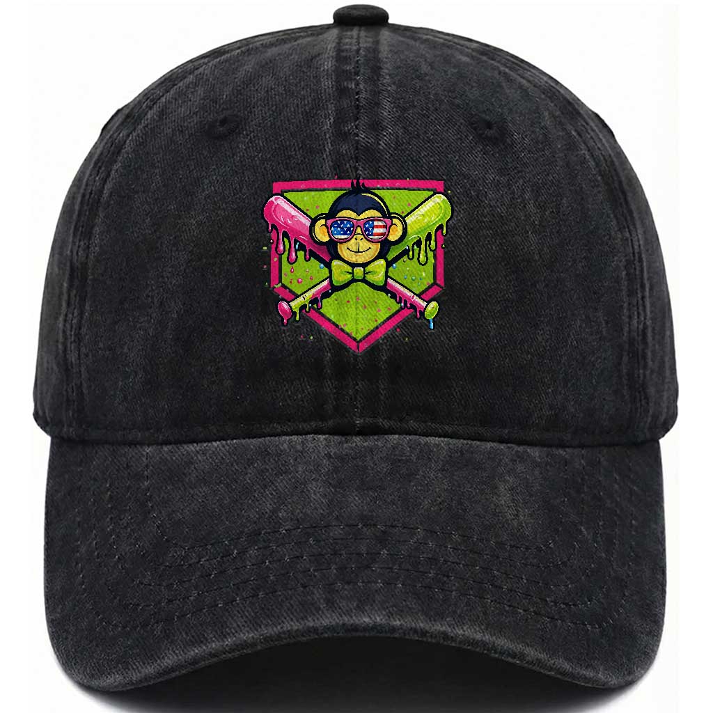 Party Monkey Baseball Drip Funny Animals Lover Washed Cotton Baseball Cap TS11 Washed Cap Universal Fit Black Print Your Wear