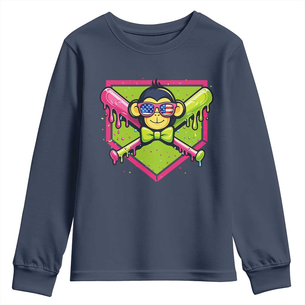 Party Monkey Baseball Drip Funny Animals Lover Youth Sweatshirt TS11 Navy Print Your Wear