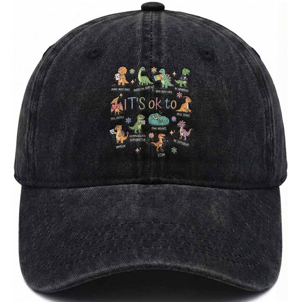 Dinosaur Autism Awareness Washed Cotton Baseball Cap It Is Okay to Be Different Dino Lover TS11 Print Your Wear